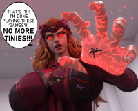 breasts giantess venom shrunken_woman shrunken_man tiara digital_render spider-man marvel_comics scarlet_witch anttiergod squirrel_girl_(marvel) large_breasts red_eyes brunette reaching magic costume looking_at_tiny symbiote marvel_rivals