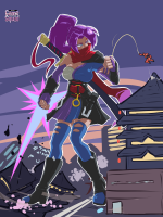 drawing giantess mega color destruction sword asian fighting x-men scarf psylocke marvel_comics peni_parker breasts city armor blue_eyes cleavage skirt buildings purple_hair gloves boots belt web looking_at_tiny gamefreakdx marvel_rivals