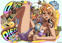 bikini breasts large_breasts swimsuit nico_robin shorts sunglasses jewelry monkey_d_luffy tattoo flowers bikini_top earrings orange_hair sanji watermelon hawaiian_shirt nami_(one_piece) pineapple roronoa_zoro tiny_man tiny_monsters eyewear_on_head arm_tattoo multiple_boys everyone