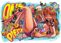 bikini breasts tongue swimsuit nico_robin barefoot shorts sunglasses jewelry tattoo earrings looking_at_viewer orange_hair denim_shorts nami_(one_piece) eyewear_on_head arm_tattoo lying 1girl mochiidonuts