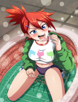 large_breasts tongue destruction blue_eyes handheld shoes ponytail kneeling thighs earrings crowds thick_thighs cracked_ground bare_legs bare_midriff looking_at_tinies cartoon_network breasts drawing giantess vore mega color skirt stadium red_hair frankie_foster jacket top thedaibijin sport_stadium fosters_home_for_imaginary_friends mass_vore hair_pin