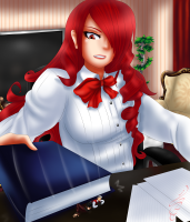 breasts drawing crush color long_hair brunette brown_eyes red_hair sitting table chair hat grey_hair shirt book kogochew bow_tie giantess angry shrunken_men mitsuru persona_3
