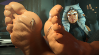 breasts toes looking_at_tiny digital_render giantess nude horns alien penis barefoot gloves sitting star_wars shrunken_man tattoo stuck_to_foot orange_skin ahsoka_tano jedi xiraz247 lekku