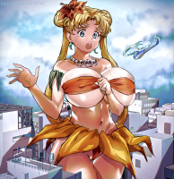 breasts panties city mega blonde blue_eyes cleavage bra skirt buildings helicopter twintails cosplay thighs necklace earrings bare_legs flower_in_hair bare_midriff giantess sailor_moon jungle_de_ikou