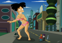 breasts drawing giantess city mega black_hair color buildings asian street ponytail futurama ripped_clothing bender amy_wong robot barefoot purple_hair shorts top orange_hair looking_at_tiny bare_legs philip_j_fry spider-matt new_new_york bare_midriff leela