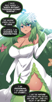 large_breasts long_hair blue_eyes cleavage gloves green_hair dress flower white_dress looking_at_viewer elbow_gloves white_gloves hair_ornament solo hair_flower 1girl eyebrows_visible_through_hair strapless