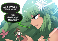 giantess long_hair blue_eyes green_hair open_mouth flower profile hair_ornament multiple_girls hair_flower brown_hair tiny_woman 2girls english_text eyebrows_visible_through_hair