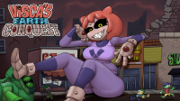 drawing city alien color large_breasts destruction buildings tank gloves red_hair boots sitting video_game smoke outdoors running_away thick_thighs burger_kurger visca_(burger_kurger) tiny_people