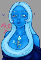 breasts large_breasts long_hair tongue blue_eyes cleavage blue_hair huge_breasts blue_skin heart smile looking_at_viewer grey_background gem between_breasts solo simple_background tiny_man blush tongue_out 1girl upper_body blue_theme