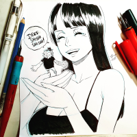 monochrome black_hair long_hair crying bottle open_mouth pen hand_held pencil smile tanktop tears closed_eyes bangs ink tiny_man 1girl blunt_bangs 1boy spot_color upper_body nico_robin one_piece jaguar_d_saul