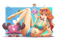 bikini breasts feet large_breasts long_hair tongue swimsuit nico_robin barefoot cleavage ice_cream shorts heart short_shorts food sunglasses hat tattoo bikini_top denim orange_hair denim_shorts sanji daisy_dukes on_back nami_(one_piece) medium_breasts eyewear_on_head arm_tattoo 1girl lying_down super_deformed yvini