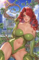 giantess poison_ivy dc_comics breasts large_breasts long_hair cleavage green_eyes huge_breasts lips red_hair sitting navel day sky smile looking_at_viewer unbuttoned no_bra unzipped long_sleeves areolae very_long_hair solo blue_sky 1girl open_clothes collarbone open_fly arm_support floating_hair