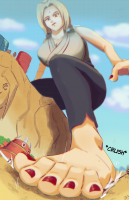 giantess crush long_hair naruto tsunade ponytail day cloud outdoors sky from_below solo scrungee blonde_hair blue_sky tiny_people 1girl 1boy dougi
