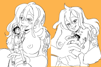breasts nipples large_breasts long_hair tongue penis licking handjob sketch hoop_earrings jewelry smile earrings android_21 blush tongue_out 1girl 1boy hetero