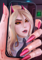 horns long_hair teeth blood yellow_eyes portrait looking_at_viewer sharp_teeth demon_horns solo blonde_hair 1girl demon_girl hair_between_eyes blood_on_face red_horns