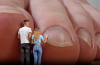 giantess collage feet toes barefoot shrunken_woman shrunken_man closeup size_difference long_hair jeans pocket standing pants shirt denim short_sleeves t-shirt blonde_hair from_behind