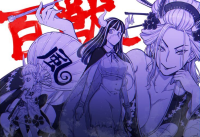 breasts giantess horns monochrome large_breasts long_hair cleavage japanese_clothes kimono ponytail short_hair weapon flower hat jewelry looking_at_viewer bare_shoulders pipe bangs lantern hair_ornament long_sleeves wide_sleeves black_sclera multiple_girls hair_flower shimenawa sunburst smiling kennethu