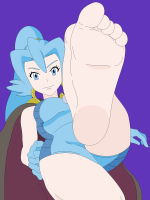 giantess feet long_hair blue_eyes toes ass barefoot soles blue_hair ponytail jewelry smile toenails cape earrings looking_at_viewer gym_leader foreshortening bare_legs very_long_hair solo simple_background pov step_on_you pov_feet purple_background