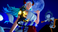breasts white_hair horns tail space dragon large_breasts long_hair planet red_eyes moon night sky smile full_moon starry_sky night_sky tiny_man multiple_boys star_(sky)