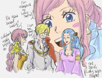breasts long_hair blue_eyes cleavage purple_hair blue_hair pink_hair ponytail dress short_hair uniform open_mouth jewelry smile closed_eyes braid earrings long_sleeves closed_mouth happy_birthday multiple_girls simple_background blonde_hair dated epaulettes white_background anniversary