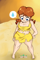 breasts drawing giantess mega blue_eyes toes barefoot bra skirt desert brunette castle unknown_artist crown super_mario thighs top ripped_clothing hands_on_hips princess_daisy bare_legs bare_midriff soruce_needed