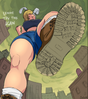 breasts drawing giantess city mega blonde building color shoes shorts thighs point_of_view top looking_at_viewer dialogue fionna adventure_time source_needed bare_legs cartoon_network fionna_campbell
