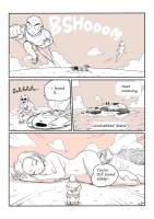 giantess nude comic monochrome mountain tree navel cloud sky jewelry smile towel closed_eyes master_roshi bald krillin multiple_boys english_text android18 bathing