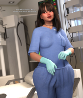 giantess breasts long_hair brown_eyes lips gloves standing nose pants chair indoors desk shirt necklace looking_at_viewer hospital bangs makeup blue_shirt short_sleeves parted_lips solo realistic tiny_man brown_hair depth_of_field tiny_patient hospital_bed plastic_gloves