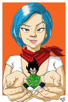 giantess handheld shrunken_man bulma vegeta black_hair tongue blue_eyes blue_hair lips short_hair android_18 jewelry smile shirt earrings looking_at_viewer white_shirt makeup scarf orange_background solo upper_body artist_name red_scarf holding_card
