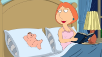 breasts tongue bed pillow short_hair window holding lipstick indoors jewelry striped bedroom blanket earrings book orange_hair under_covers curtains solo lying giantess shrunken_man family_guy screenshot lois_griffin