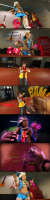 comic long_hair gloves short_hair boots bodysuit mask standing holding pants hat smile tracer_(overwatch) brown_hair spiked_hair giantess shrinking looming shrunken_man scolding chai hi_fi_rush peppermint