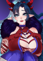 breasts horns black_hair large_breasts long_hair blue_eyes cleavage blue_hair fang lips gloves elf fishnets jewelry smile looking_at_viewer bare_shoulders elbow_gloves bangs mole demon_horns solo red_gloves tiny_man blush pointy_ears mole_under_eye fishnet_legwear fur_collar giantess