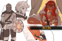 giantess comic long_hair blue_eyes sword gloves red_hair short_hair weapon sketch dark_skin jewelry cape bracelet hood shield cloak tiny_man tiny_knight
