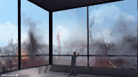 giantess panties city upskirt black_hair color long_hair destruction skirt red_eyes stockings squatting kissing window fire animation walking smoke thighs bow breath kiss_mark alice-magic animated_gif