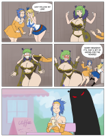 breasts panties comic large_breasts long_hair teeth ass cleavage skirt green_eyes blue_hair underwear green_hair japanese_clothes kimono dress short_hair navel twintails shrunken_woman open_mouth smile leotard bare_shoulders hair_ornament 4koma medium_hair multiple_girls blonde_hair english_text drawing