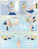 drawing breasts panties upskirt comic large_breasts long_hair ass skirt ribbon underwear pantyshot ponytail parody running shrunken_woman white_panties pleated_skirt shirt stuck hair_ribbon wedgie white_shirt blue_skirt slingshot necktie blonde_hair english_text emphasis_lines blue_neckwear