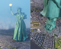 giantess feet giga city color destruction buildings dress sandals foot_crush day crown walking outdoors sky statue statue_of_liberty torch monument green_skin digital_render bakedalaskabigs illustration