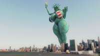 illustration bikini giantess giga city color buildings huge_breasts low_angle legs day crown looking_down thighs outdoors sky voluptuous statue statue_of_liberty torch monument thick_thighs green_skin digital_render flag_bra bakedalaskabigs