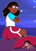 drawing butt butt_crush sitting shorts steven_universe cutaway cartoon_network giantess connie_maheswaran black_hair long_hair ass dark_skin stars sitting_on night_sky t-shirt squished 1girl
