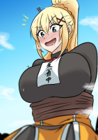 breasts giantess large_breasts long_hair blue_eyes saliva huge_breasts fang ponytail bondage day open_mouth cloud bodysuit outdoors sky smile shirt braid bangs blurry hair_ornament darkness_(konosuba) solo solo_focus blonde_hair blue_sky blush tiny_people eyebrows_visible_through_hair hair_between_eyes drooling wavy_mouth x_hair_ornament