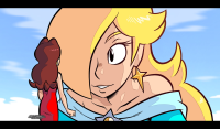 long_hair lips dress black_eyes grin day fake_screenshot sky hat jewelry smile earrings bare_shoulders makeup subtitled solo blonde_hair blue_sky tiny_woman close-up hair_over_one_eye letterboxed star_(symbol) rosalina anime_coloring star_earrings giantess