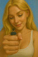 giantess handheld tiny ia breasts long_hair blue_eyes cleavage lips nose earrings looking_at_viewer eyelashes closed_mouth blue_background realistic medium_breasts upper_body light_smile blonde smiling shrunken_man close_up ai_art