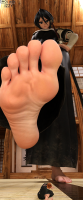 giantess feet black_hair toes barefoot soles gloves sitting ninja indoors looking_at_viewer foreshortening wooden_floor solo pov pov_feet shouji sliding_doors tabi