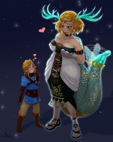 breasts giantess large_breasts blue_eyes cleavage gloves ponytail dress mini_giantess sandals heart night jewelry smile looking_at_viewer bare_shoulders starry_sky armlet night_sky thick_eyebrows princess_zelda blonde_hair blush star_(sky) pointy_ears sidelocks