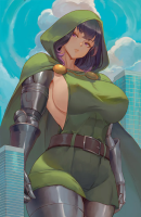 giantess mountolympuscomics doctor_doom breasts city mega black_hair large_breasts skirt huge_breasts purple_eyes gloves short_hair weapon day cloud standing thighs outdoors sky thighhighs sideboob cape looking_at_viewer belt bangs hood thigh_boots cloak closed_mouth pantyhose cosplay marvel_comics