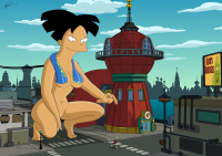 destruction water short_hair thighs running_away cracked_ground billboard planet_express breasts drawing giantess nude city mega alien black_hair color toes barefoot buildings asian street reaching crouching futurama green_skin looking_at_tiny amy_wong spider-matt new_new_york kiff