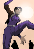 breasts drawing giantess mega black_hair color gloves asian short_hair sun boots explosion jacket belt jumpsuit sign zipper spider-man marvel_comics yuri_watanabe giant_woman_squad earth_2620 norikjan thighs silhouette point_of_view