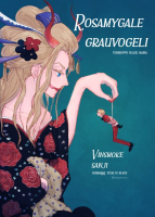 giantess horns long_hair blue_eyes japanese_clothes kimono ponytail rose lipstick string flower makeup hair_ornament happy_birthday hair_flower blonde_hair tiny_man english_text floral_print male_focus red_flower red_rose character_name