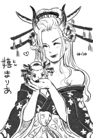 breasts drawing giantess horns monochrome long_hair cleavage japanese_clothes kimono heart lipstick flower smile closed_eyes fingernails bare_shoulders makeup hair_ornament long_sleeves wide_sleeves greyscale hair_flower blush tiny_woman upper_body floral_print white_background off_shoulder hair_stick bangs_pinned_back