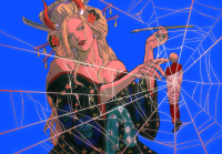 breasts drawing giantess horns long_hair dress flower sky looking_at_viewer power_lines bare_shoulders pipe makeup spider_web hair_ornament blue_background hair_flower blonde_hair tiny_man collarbone kuujou_jolyne off_shoulder arrow_(projectile)